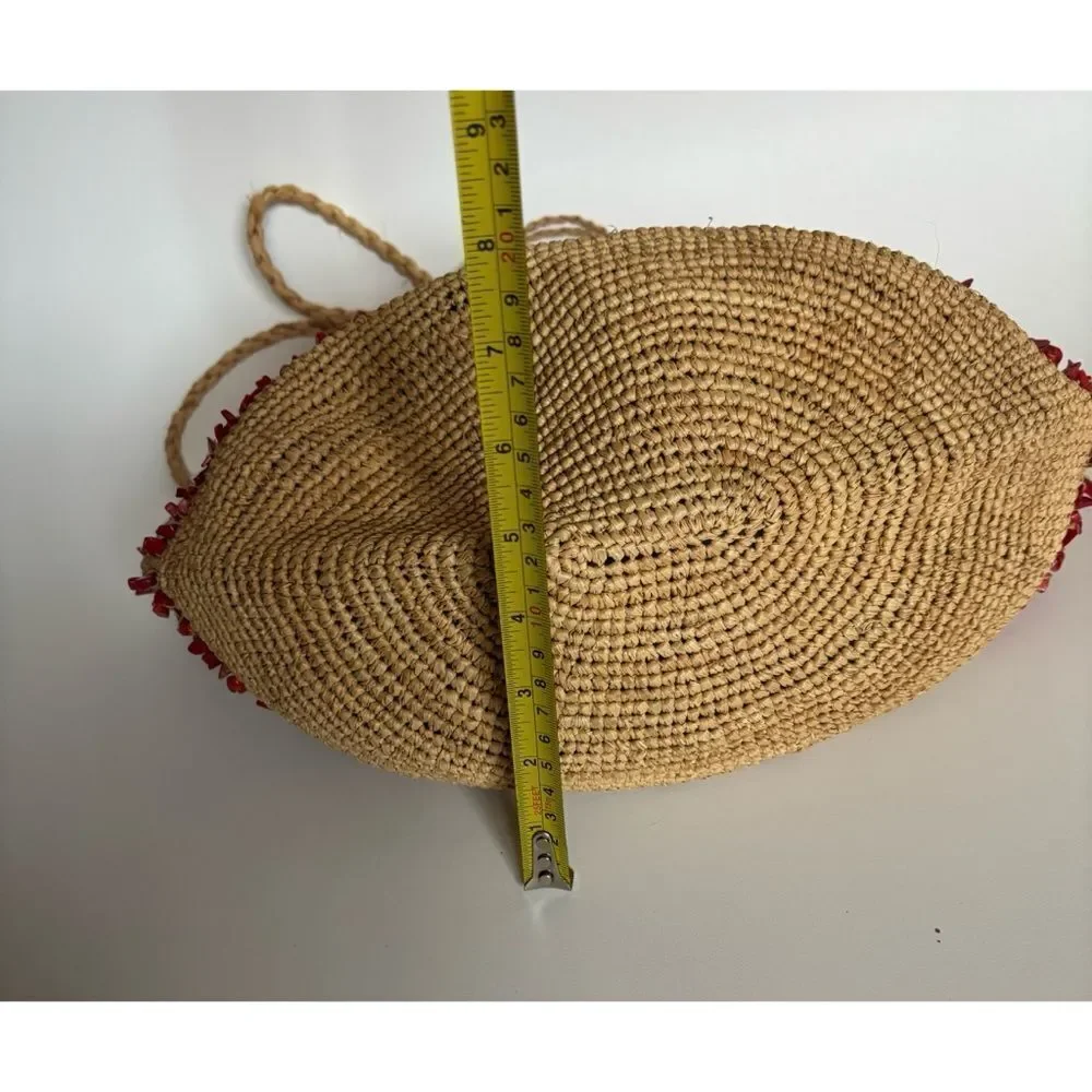 Vintage 80’s J. Crew Straw Hobo Bag with Natural Coral Stones ~ Excellent
